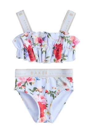 Zweiteiliger Mädchen-Badeanzug mit Blumenmuster, Oberteil mit Rüschen und Marken-Trägern, hochgeschnittene Hose mit passendem Blumenmuster und Logo-Bund.
