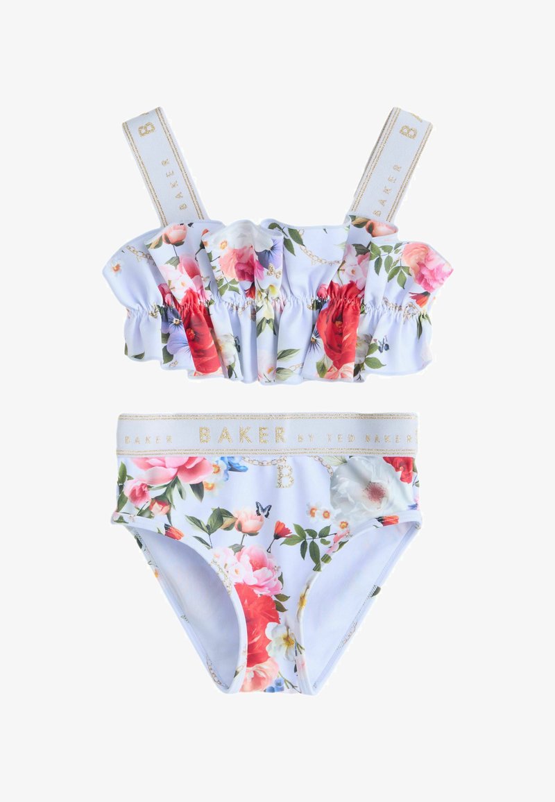 Zweiteiliger Mädchen-Badeanzug mit Blumenmuster, Oberteil mit Rüschen und Marken-Trägern, hochgeschnittene Hose mit passendem Blumenmuster und Logo-Bund.