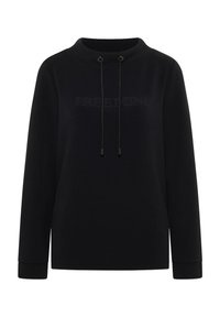 Schwarzer Pullover mit hohem Kragen, verstellbaren Kordeln und eingeprägtem "FREE MIND"-Text auf der Vorderseite. Weicher Stoff, lange Ärmel.