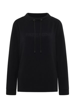 Černý svetr s vysokým límcem, nastavitelnými šňůrkami a vyraženým textem "FREE MIND" na přední straně. Měkká tkanina, dlouhé rukávy.