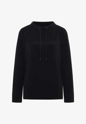 Felpa nera con collo alto, cordini regolabili e testo in rilievo "FREE MIND" sulla parte anteriore. Tessuto morbido, maniche lunghe.