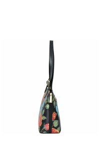 Zwarte handtas met bloemenmotief met kleurrijke rozen, gemaakt van gladleer, met een ritssluiting en een enkele schouderband.