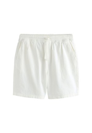 Hvide elastiske shorts med snøre i taljen og sidelommer, knælange, lavet af let stof.