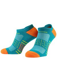 Turquoise ankle socks with orange accents and yellow stripes. Features textured patterns for grip and a cushioned heel for comfort.