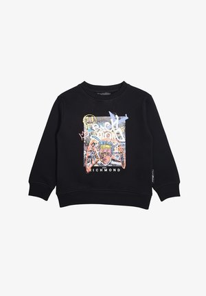 Felpa nera a maniche lunghe con grafica astratta colorata che rappresenta un volto, un aeroplano e testo in stile graffiti tra cui "John Richmond" sul davanti.