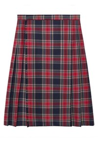 Jupe plissée en tartan bleu marine, rouge et crème. Design plissé avec détail de franges le long de la couture latérale. Fabriquée en tissu solide.