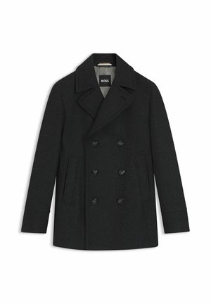 Sort uld peacoat med dobbeltradet design, udskårne lapeller, to forlommer og fem sorte knapper. Foret inderside med mærke.