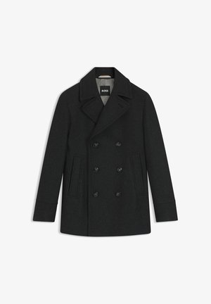 Zwarte wollen peacoat met een dubbelzijdig ontwerp, ingezette revers, twee voorzakken en vijf zwarte knopen. Voering met label.