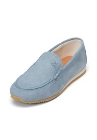 Light blue suede slip-on shoe with a round toe, stitched detailing, minimalist design, and a contrasting beige rubber sole.