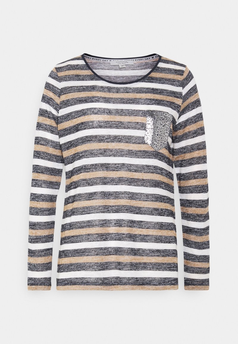 Camiseta de mangas largas a rayas en azul marino, blanco y dorado con un bolsillo de estampado animal texturizado. Tejido suave con cuello redondo y ribetes en contraste.