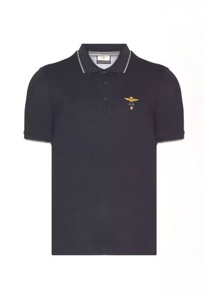 Polo shirt blu navy in cotone, con colletto a due bottoni, maniche corte e logo ricamato in oro sul petto.