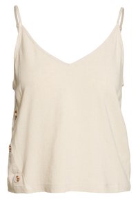 Haut sans manches de couleur crème avec un col en V, en tissu texturé, doté d'accents de boutons sur le côté gauche. Design simple.