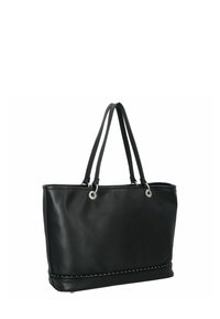 Zwarte leren handbag met dubbele handvatten, zilverkleurige hardware accenten en een gestikte onderrand. Glad van textuur, ruim ontwerp.