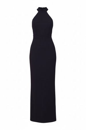 Sort ærmeløs halterneck-lang kjole med figursyet talje og gulvlange, lige nederdel.