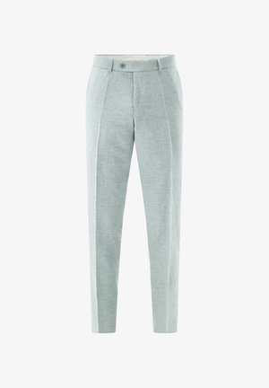 Light gray tailored trousers with front pleats, side pockets, button closure, and belt loops.