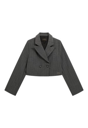 Blazer grigio a righe sottili, tagliato, con design doppiopetto, ampio colletto a punta e due bottoni. Presenta un dettaglio logo discreto.