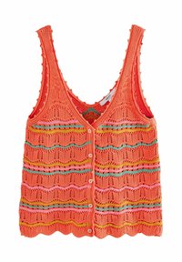 Stickad orange tanktop med vågiga kanter, med flerfärgade horisontella ränder och knappstängning framtill.