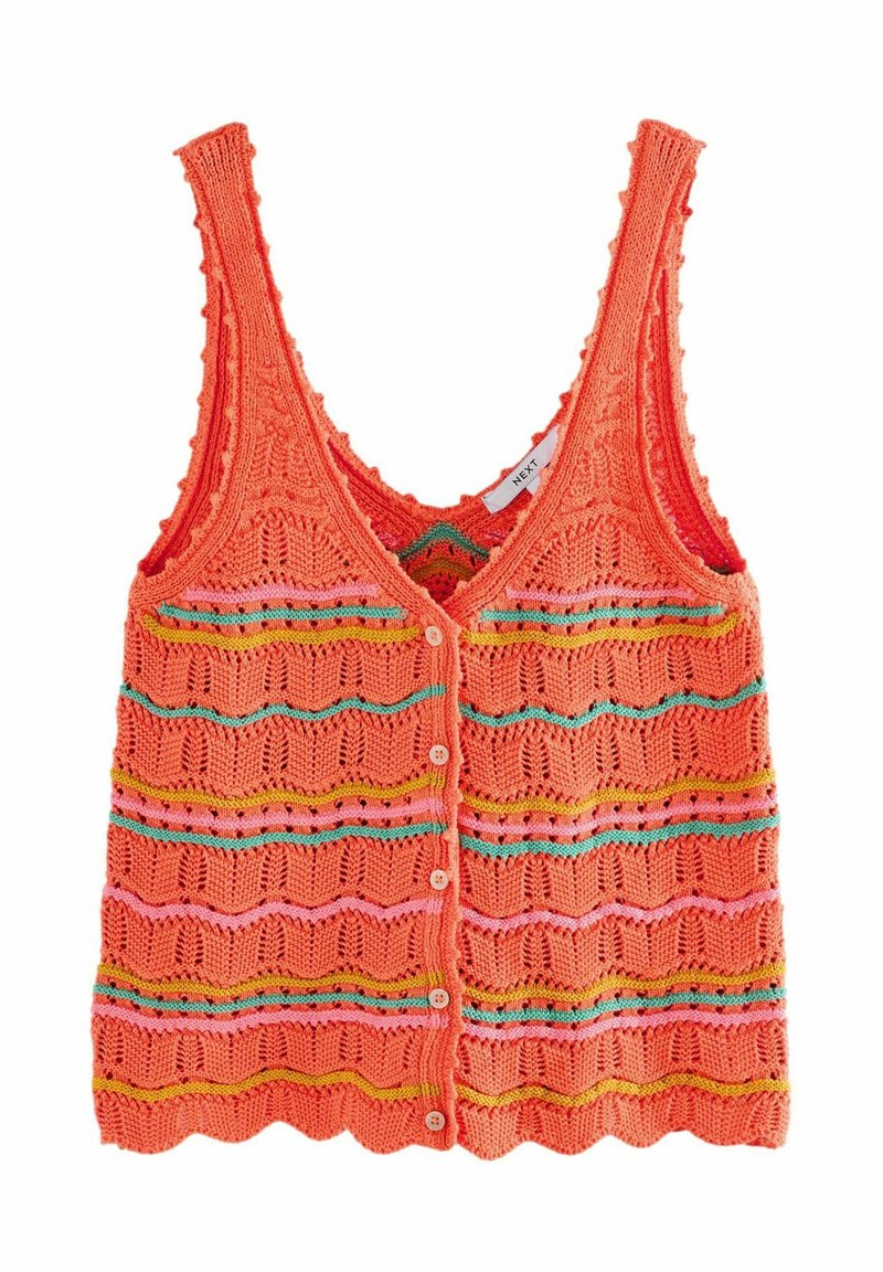 Stickad orange tanktop med vågiga kanter, med flerfärgade horisontella ränder och knappstängning framtill.