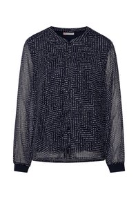 Transparente navyblaue Bluse mit einem geometrischen Muster aus weißen Punkten, mit V-Ausschnitt, Knopfverschluss und langen Ärmeln mit elastischen Bündchen.