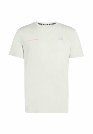 Light gray short-sleeve t-shirt with a crew neck, featuring "ADIDAS RUNNING" in pink and a small blue logo on the left chest.