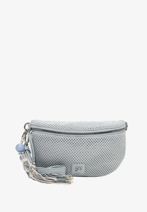 Vaaleanharmaa verkkokangaspussukka, jossa on vetoketjussa punottu tupsu ja pyöreä helmi. Pussukan etupuolella näkyy SF-logolappu.