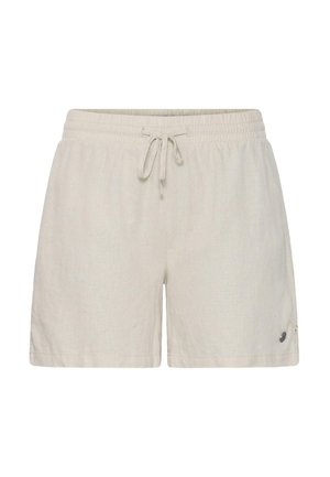 Beige lässige Shorts mit elastischem Bund und Kordelzug, versehen mit einem kleinen dunklen Logo am unteren linken Bein.