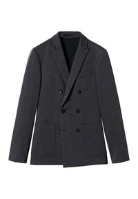 Blazer grigio scuro doppiopetto realizzato in tessuto testurizzato, con rever a punta, due tasche frontali e bottoni neri.