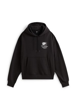 Sudadera con capucha negra hecha de algodón. Presenta un bolsillo delantero, puños elásticos y un logo impreso en blanco en el pecho. Diseño casual.