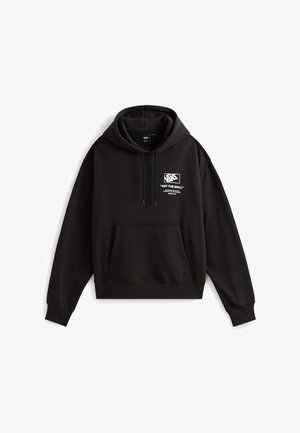 Black hooded sweatshirt made of cotton. Features a front pocket, elastic cuffs, and a logo printed in white on the chest. Casual design.