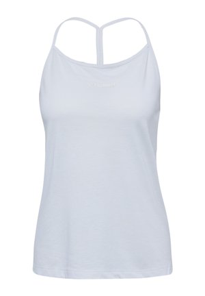 Wit tanktop met dunne spaghettibandjes, gestructureerde stof en een klein logo op de voorkant. Heeft een recht afgewerkte zoom en een comfortabel ontwerp.