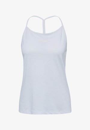 Wit tanktop met dunne spaghettibandjes, gestructureerde stof en een klein logo op de voorkant. Heeft een recht afgewerkte zoom en een comfortabel ontwerp.