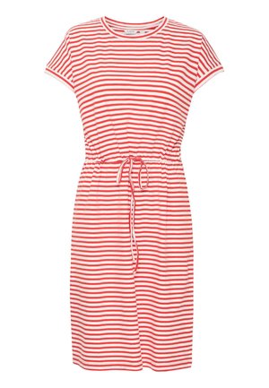 Rot-weiß gestreiftes Kleid aus weichem Stoff, mit kurzen Ärmeln, einem verstellbaren Kordelzug in der Taille und einem lässigen Schnitt.