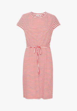 Punasest ja valgest triibulisest pehmest kangast kleit, millel on lühikesed varrukad, reguleeritav paelvöö ja soe lõige.