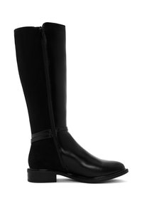 Botas negras hasta la rodilla con un acabado de piel elegante, textura suave, cremallera lateral y un tacón bajo apilado.