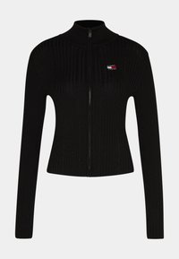 Musta ribbed neule takki vetoketjulla, korkealla kauluksella, pitkillä hihoilla ja pieni Tommy Jeans -logopatchi vasemmassa rinnassa.