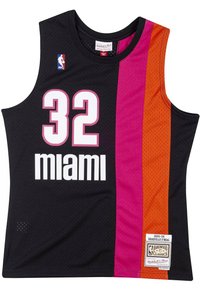 Black basketball jersey featuring large white "32" and "miami". Accents in pink and orange. Textured mesh fabric with NBA logo and tag.