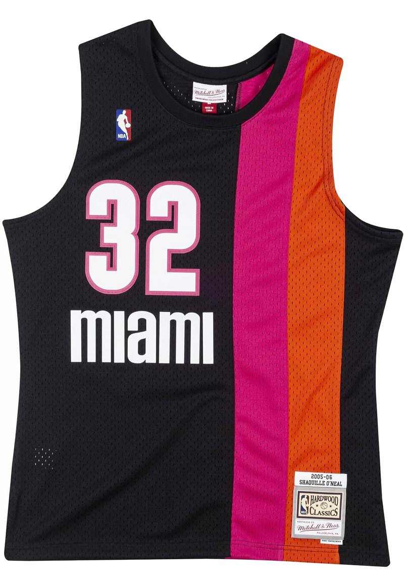 Black basketball jersey featuring large white "32" and "miami". Accents in pink and orange. Textured mesh fabric with NBA logo and tag.