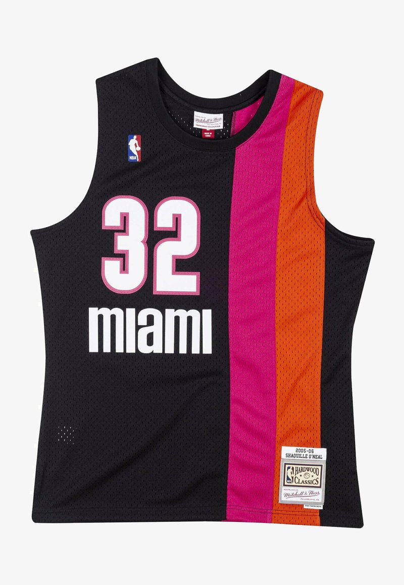 Black basketball jersey featuring large white "32" and "miami". Accents in pink and orange. Textured mesh fabric with NBA logo and tag.