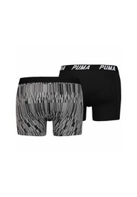 Black and patterned gray boxer shorts featuring black elastic waistband with white "PUMA" logo, cotton blend material, and fitted design.