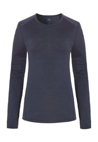 Lange mouwen T-shirt in donker marineblauw stof, met een ronde halslijn en raglanmouwen met contrasterende stikseldetails.