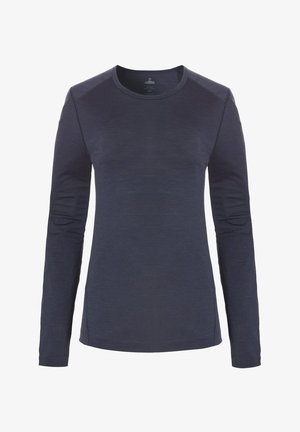 Long-sleeve T-shirt in dark navy fabric, featuring a rounded neckline and raglan sleeves with contrasting stitching detail.