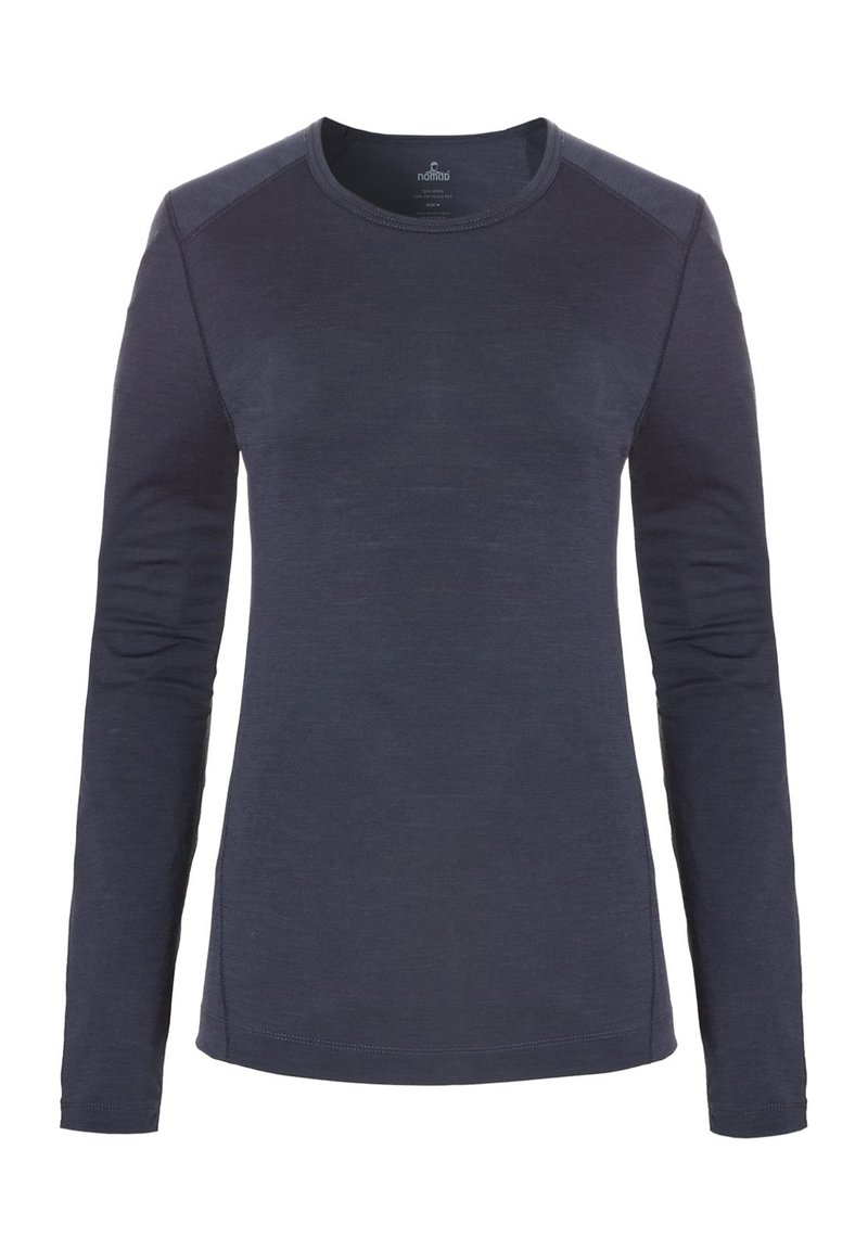 Lange mouwen T-shirt in donker marineblauw stof, met een ronde halslijn en raglanmouwen met contrasterende stikseldetails.