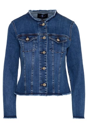 Denim jacket in dark blue, cropped design, featuring a raw hem, five front buttons, and two chest pockets with flaps.