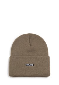 Gorro de punto marrón con dobladillo, que presenta una parche rectangular negro con el texto blanco "VANS". Textura suave y ajuste ceñido.