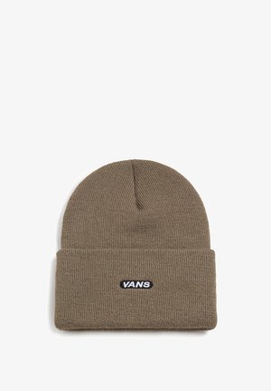 Berretto a maglia marrone con risvolto, caratterizzato da una patch rettangolare nera con il testo bianco "VANS". Tessuto morbido e vestibilità aderente.