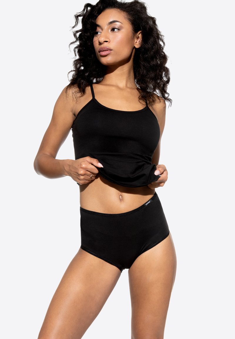 Black cotton camisole with thin straps, paired with matching high-waisted briefs. Smooth texture, minimal seams, and a logo accent.