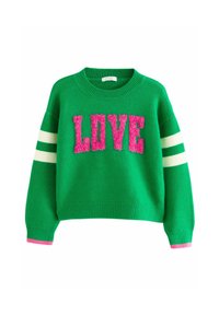 Green knitted sweater with a cropped design, featuring pink fuzzy "LOVE" text and white stripes on the sleeves. Ribbed neckline and cuffs.