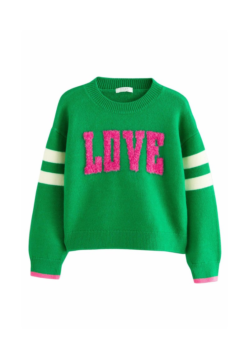 Green knitted sweater with a cropped design, featuring pink fuzzy "LOVE" text and white stripes on the sleeves. Ribbed neckline and cuffs.