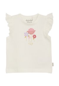 Hvid økologisk bomulds t-shirt med flæser på skuldrene. Har et broderet design af farverige blomster og teksten "Jeg vokser i dag."