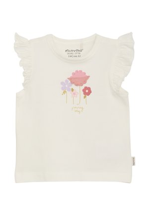 Witte organische katoen t-shirt met geplooide schouders. Bevat een geborduurd ontwerp van kleurrijke bloemen en de tekst "Ik groei vandaag."